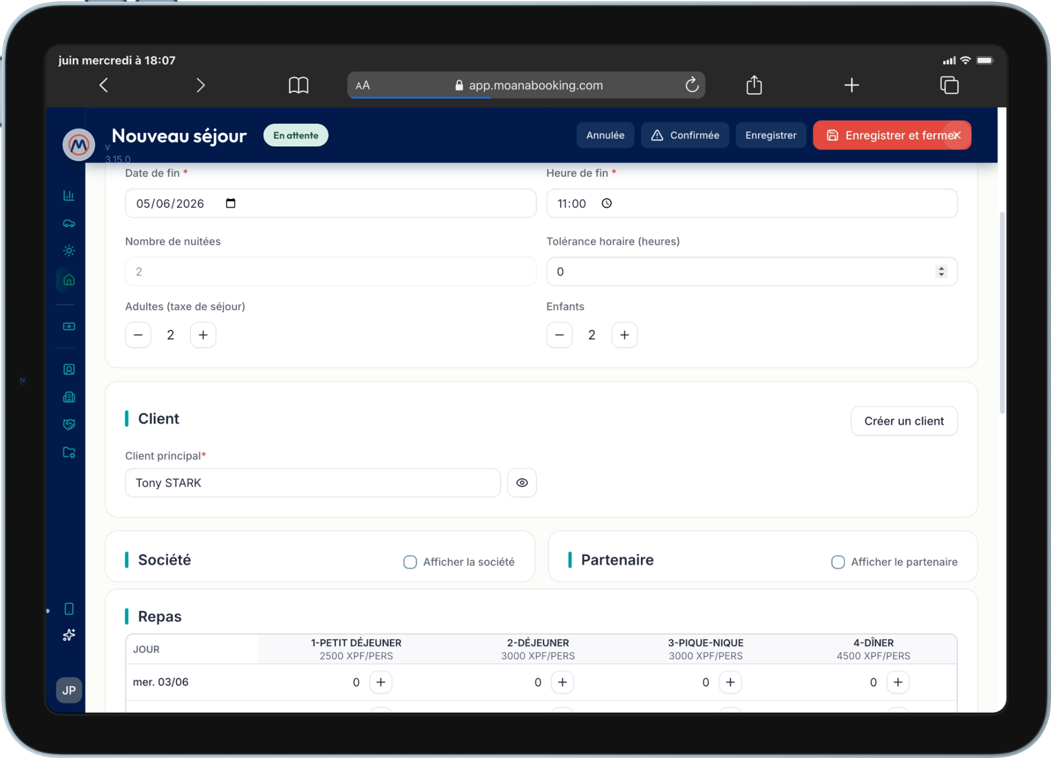 Aperçu Moana Booking — vue tablette hébergement