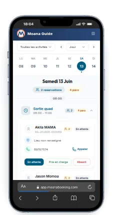Moana Guide sur téléphone : liste des participants et suivi des présences.