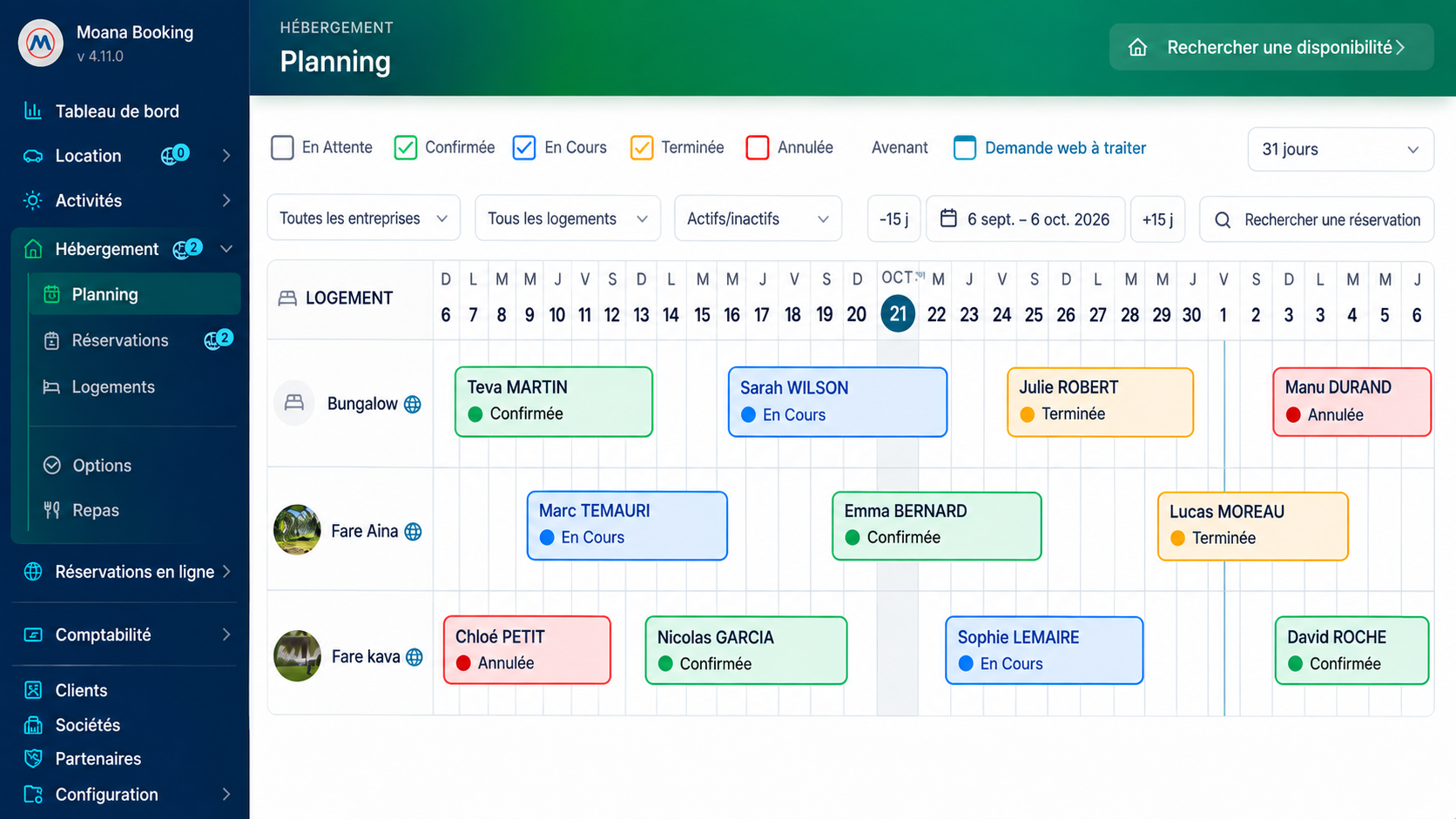 Planning des hébergements MoanaBooking.