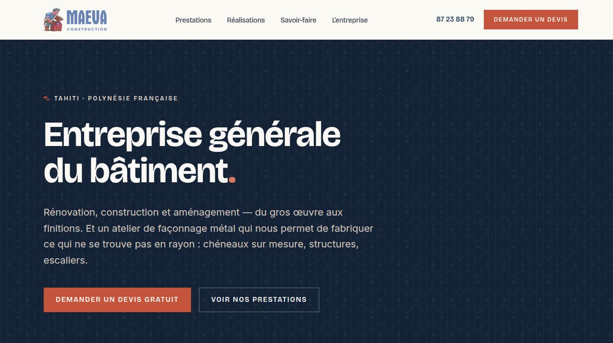 Capture d’écran de la page d’accueil du site Maeva Construction