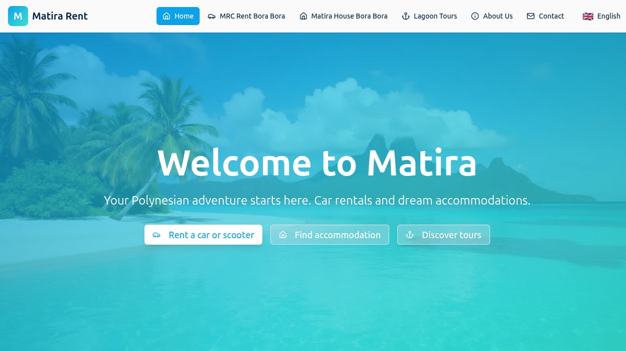 Capture d’écran de la page d’accueil du site Matira Rent