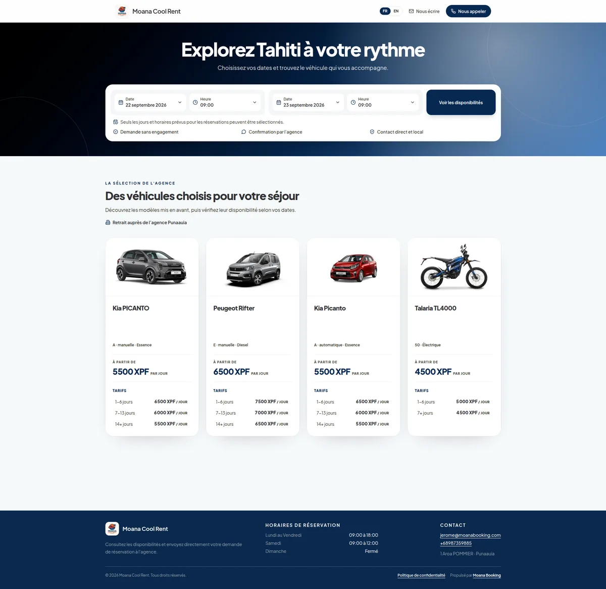 Page publique de réservation Moana Cool Rent avec recherche par dates, véhicules disponibles et tarifs.